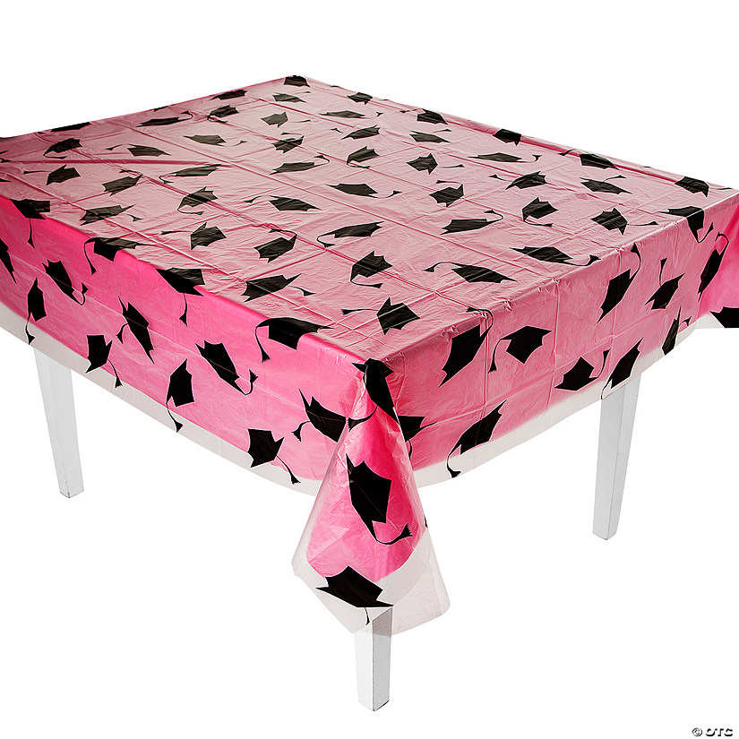54" x 108" Pink Graduation Cap Disposable Plastic Tablecloth Kit - 2 Pc. Image