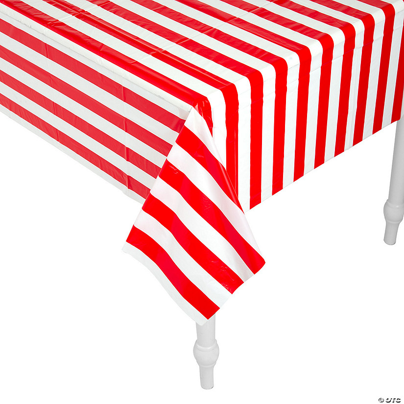 54" x 108" Red & White Stripe Plastic Tablecloth Image