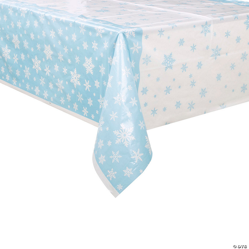 54" x 84" Blue &amp; White Snowflakes Rectangle Disposable Plastic Tablecloth Image