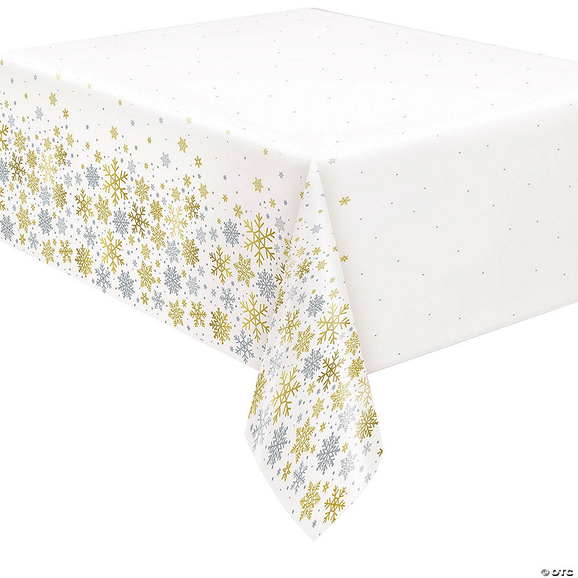 54" x 84" Silver &amp; Gold Snowflake Rectangle Disposable Plastic Tablecloth Image