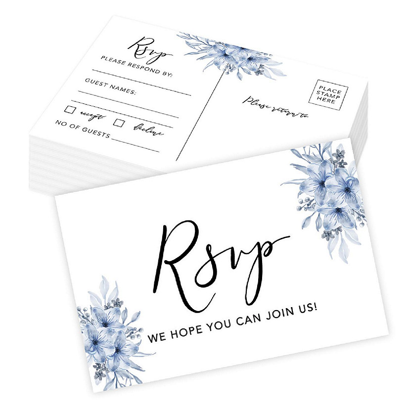 56-Pack RSVP Postcards Dusty Blue Florals Cardstock Response Reply ...