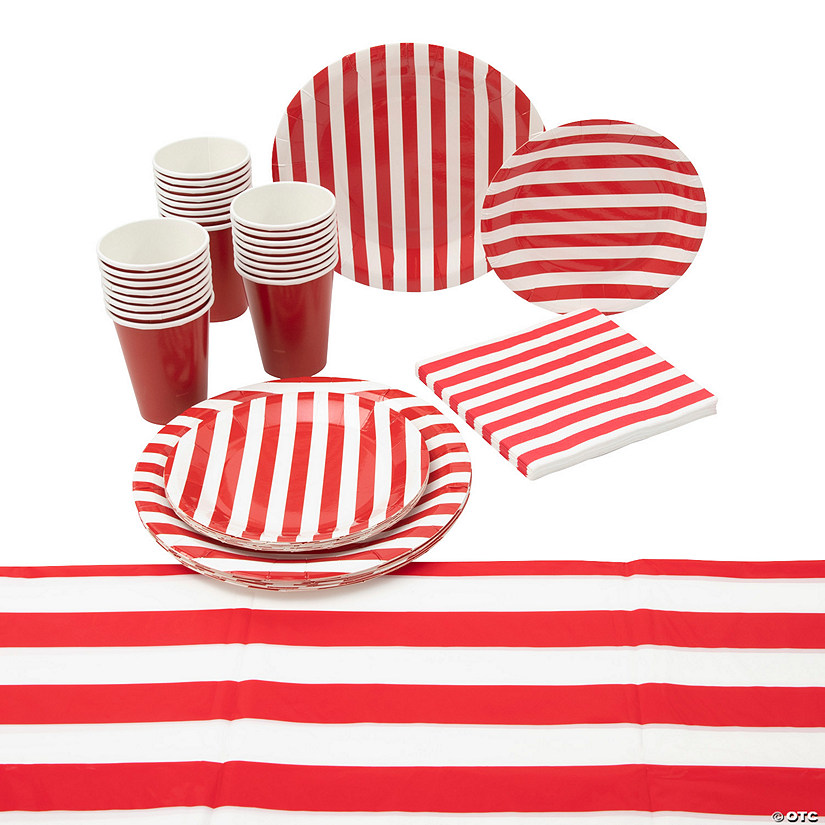 57 Pc. Red & White Stripe Party Tableware Kit for 8 Guests Image