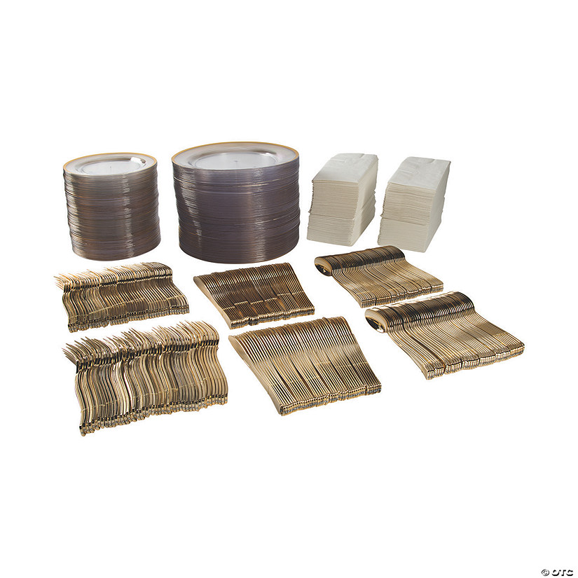 588 Pc. Bulk Premium Clear &amp; Gold Plastic Tableware Kit for 96 Guests Image