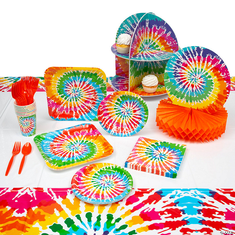 59 Pc. Tie-Dye Swirl Deluxe Disposable Tableware Kit for 8 Guests Image