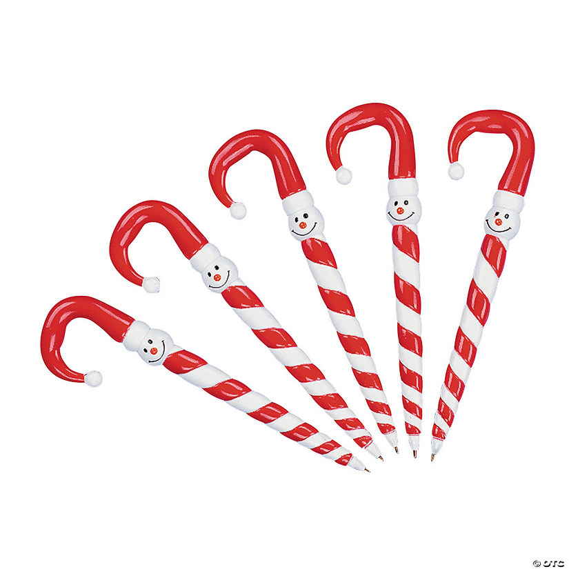 6 1/2" Candy Cane-Shaped Snowman Red & White Plastic Pens - 12 Pc. Image