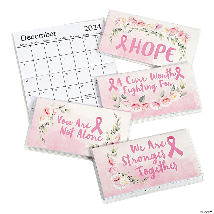 6 1/2" x 3 1/2" 2024 &#8211; 2025 Pink Ribbon Paper Pocket Calendars with Vinyl Covers - 12 Pc. Image