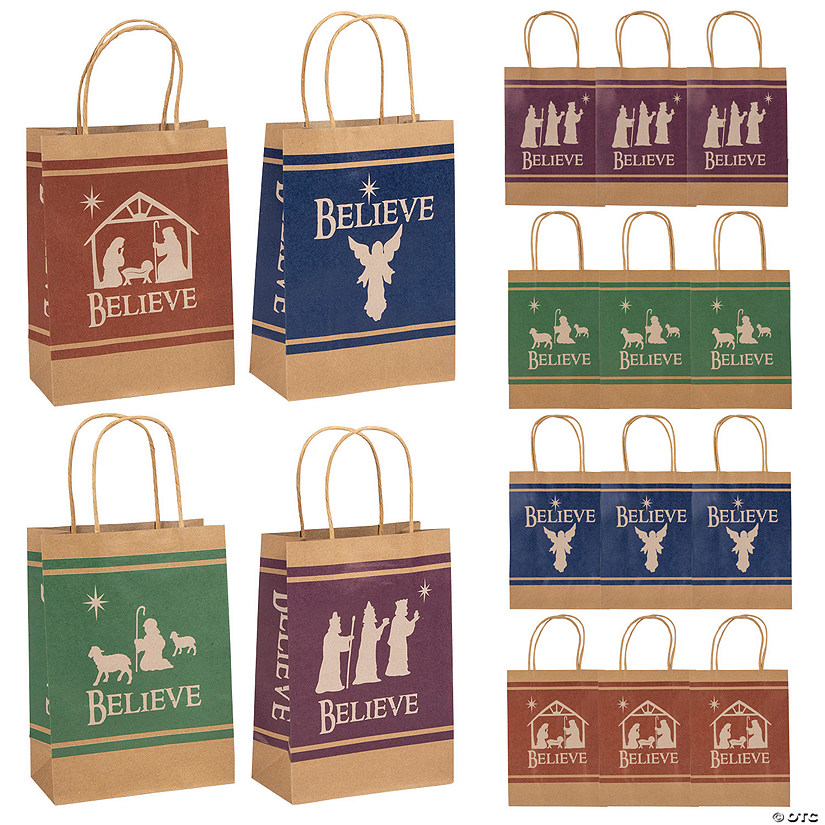 6 1/2" x 3 1/2" x 9" Medium Nativity Silhouette Kraft Paper Gift Bags - 12 Pc. Image