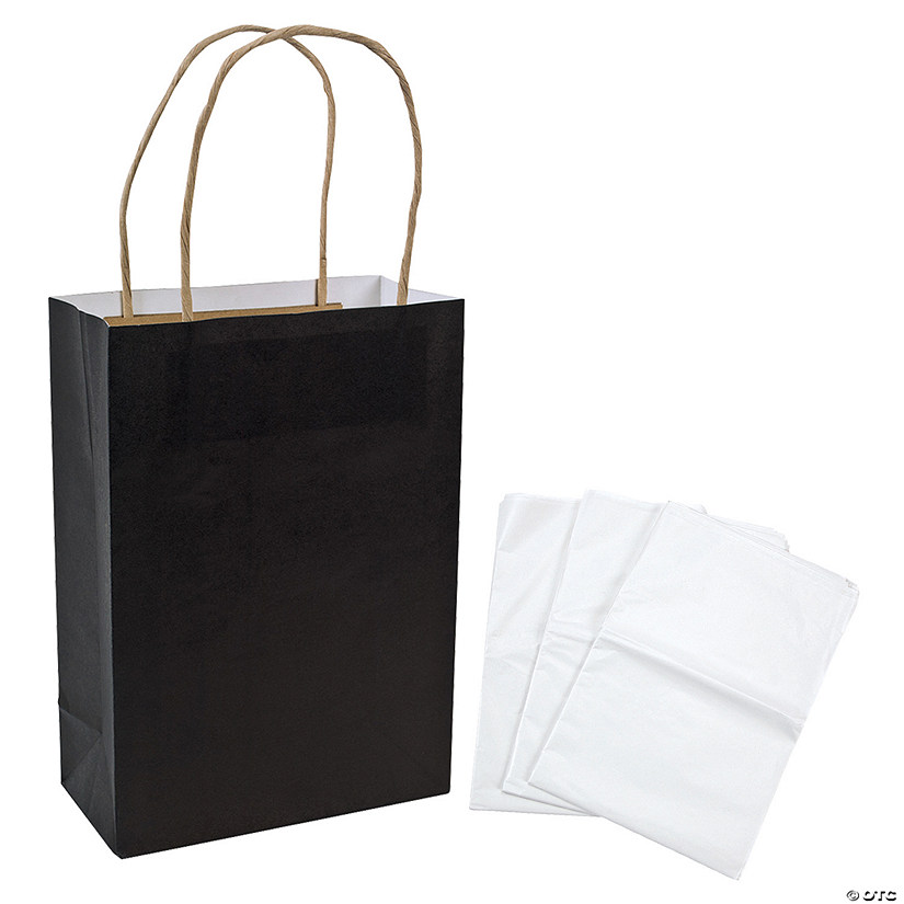 6 1/2" x 9" Medium Black Kraft Paper Gift Bags & White Tissue Paper Kit for 12 Image