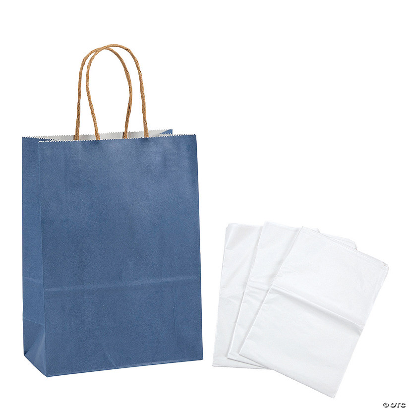 6 1/2" x 9" Medium Blue Kraft Paper Gift Bags & White Tissue Paper Kit for 12 Image