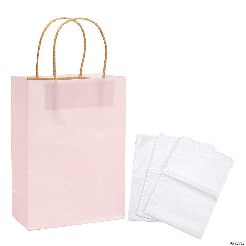 6 1/2" x 9" Medium Blush Kraft Paper Gift Bags & White Tissue Paper Kit for 12 Image