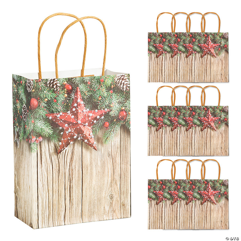 6 1/2" x 9" Medium Christmas Barnwood Kraft Paper Gift Bags - 12 Pc. Image