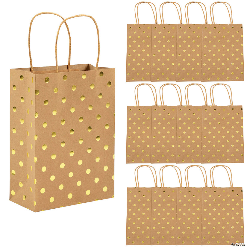 6 1/2" x 9" Medium Gold Foil Dot Kraft Paper Bags - 12 Pc. Image
