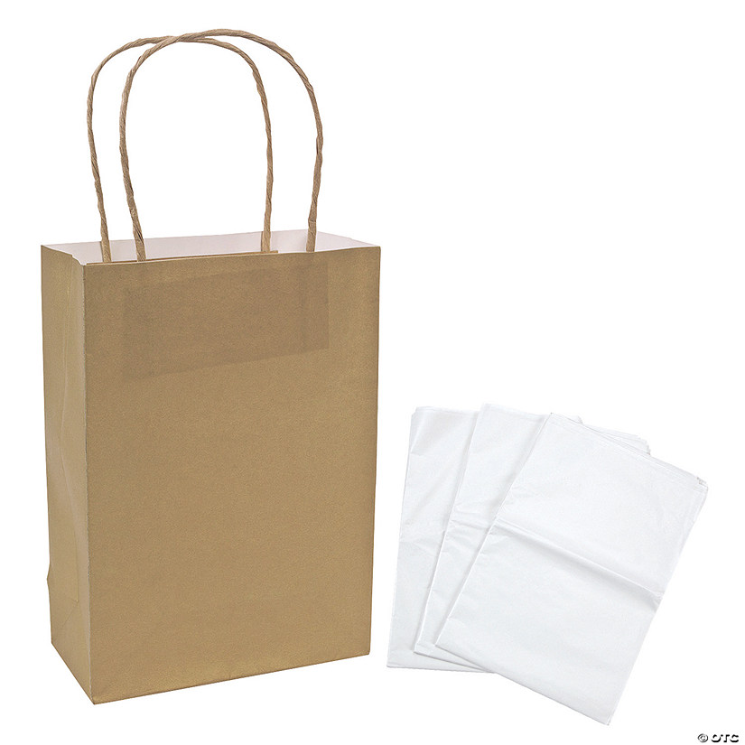 6 1/2" x 9" Medium Gold Kraft Paper Gift Bags & White Tissue Paper Kit for 12 Image