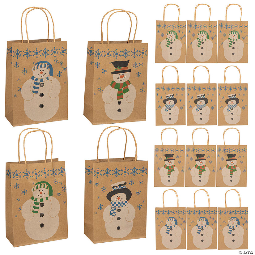 6 1/2" x 9" Medium Happy Snowman Kraft Paper Gift Bags - 12 Pc. Image