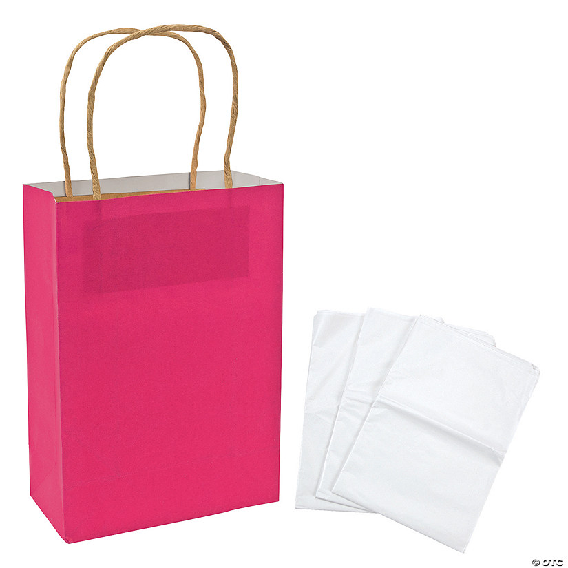 6 1/2" x 9" Medium Hot Pink Kraft Paper Gift Bags & White Tissue Paper Kit for 12 Image