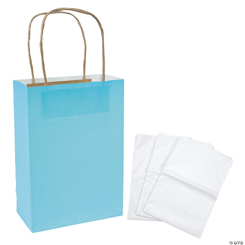 6 1/2" x 9" Medium Light Blue Kraft Paper Gift Bags & White Tissue Paper Kit for 12 Image