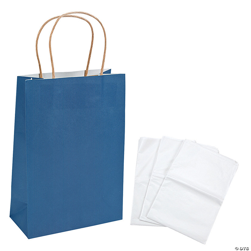 6 1/2" x 9" Medium Navy Blue Kraft Paper Gift Bags & White Tissue Paper Kit for 12 Image