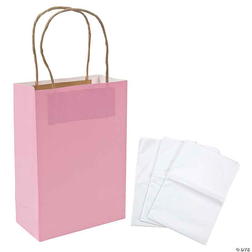 6 1/2" x 9" Medium Pink Kraft Paper Gift Bags & White Tissue Paper Kit for 12 Image