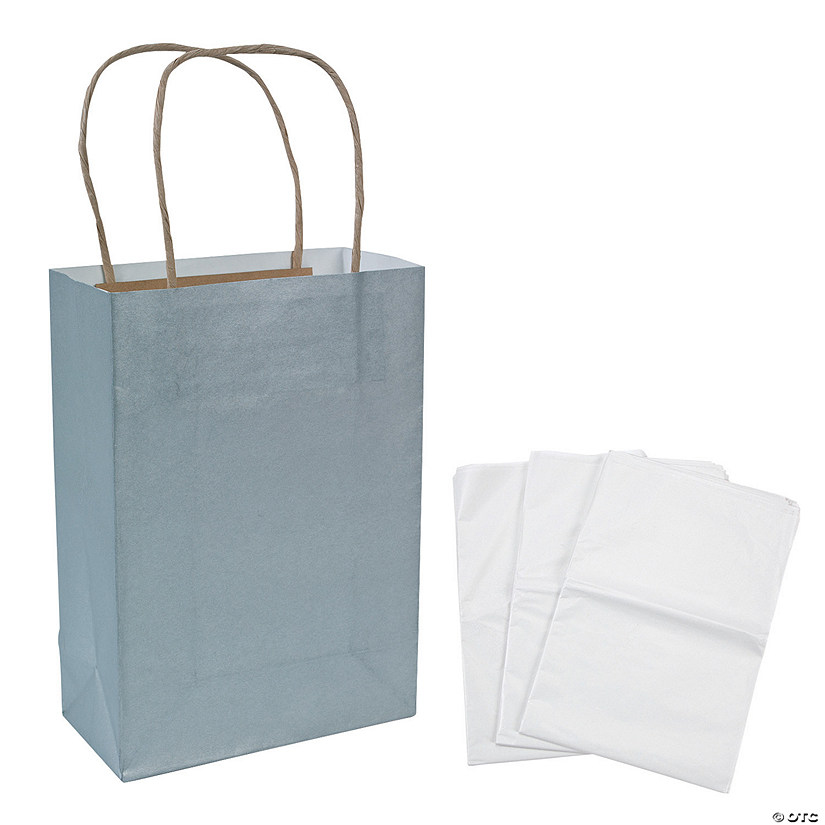 6 1/2" x 9" Medium Silver Kraft Paper Gift Bags & White Tissue Paper Kit for 12 Image