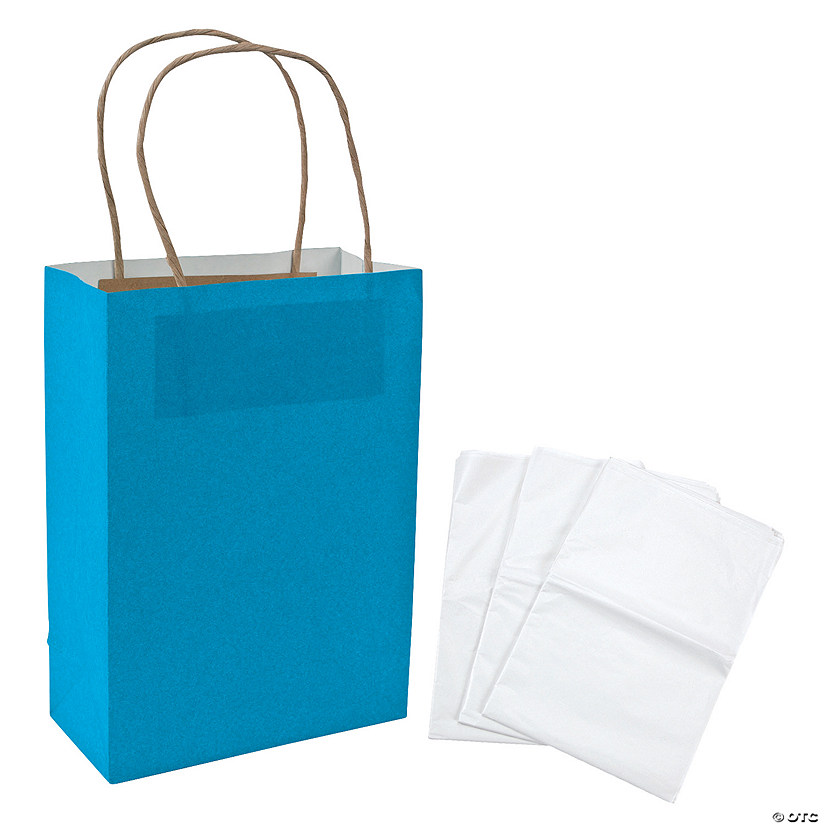 6 1/2" x 9" Medium Turquoise Kraft Paper Gift Bags & White Tissue Paper Kit for 12 Image