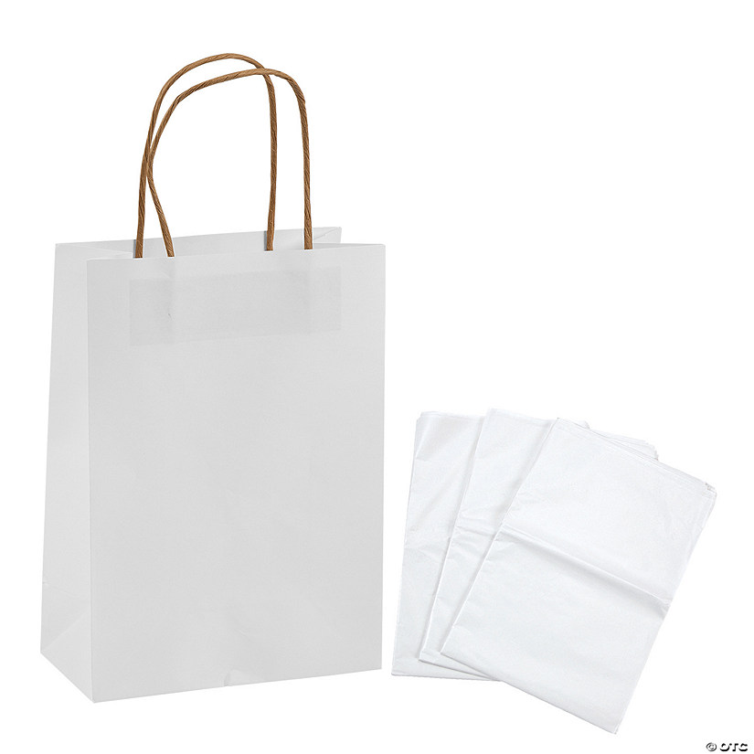 6 1/2" x 9" Medium White Kraft Paper Gift Bags & White Tissue Paper Kit for 12 Image