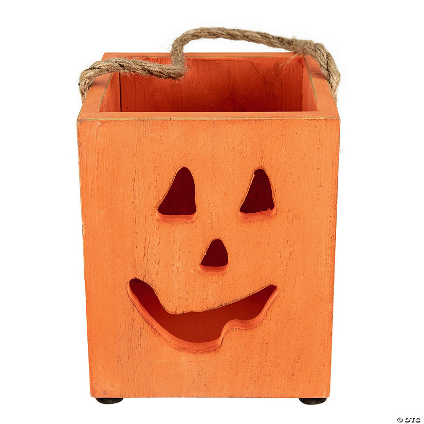 6.25" Small Orange Wood Jack O Lantern Halloween Candle Lantern Image