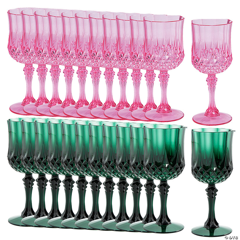 6 3/4&quot; 8 oz. Pink &amp; Green Patterned Plastic Wine Glasses Kit - 24 Pc. Image