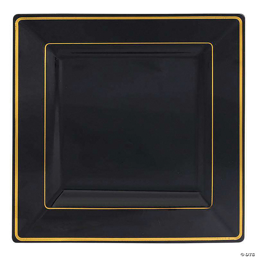 6.5" Black with Gold Square Edge Rim Plastic Appetizer/Salad Plates (70 Plates) Image