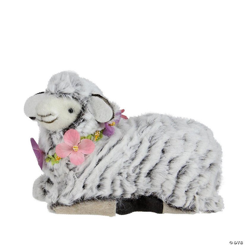 6.75" White and Brown Plush Kneeling Sheep Spring Easter Figure Image