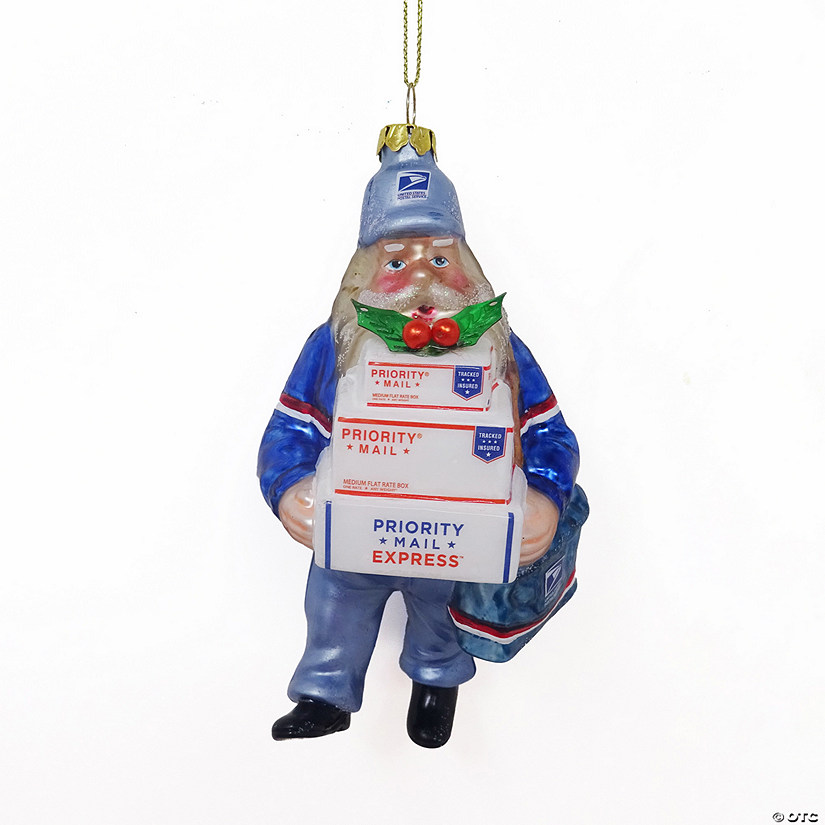 6" Busy Santa "USPS Priority" Mail Carrier Glass Christmas Ornament Image