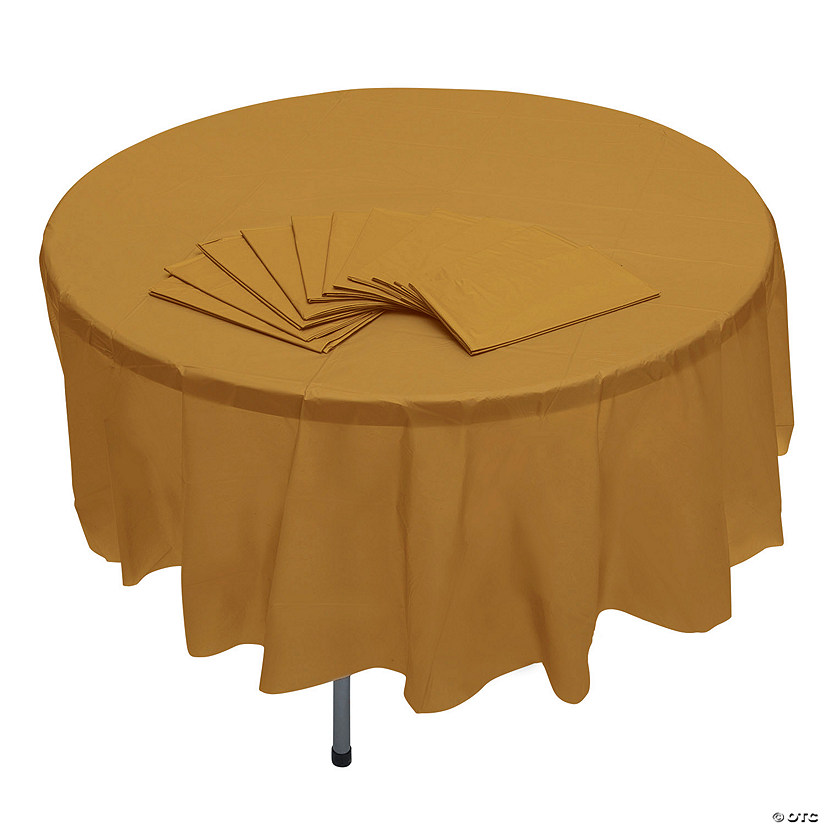 6 Ft. 10" Bulk 12 Pc. Gold Round Disposable Plastic Tablecloths Image