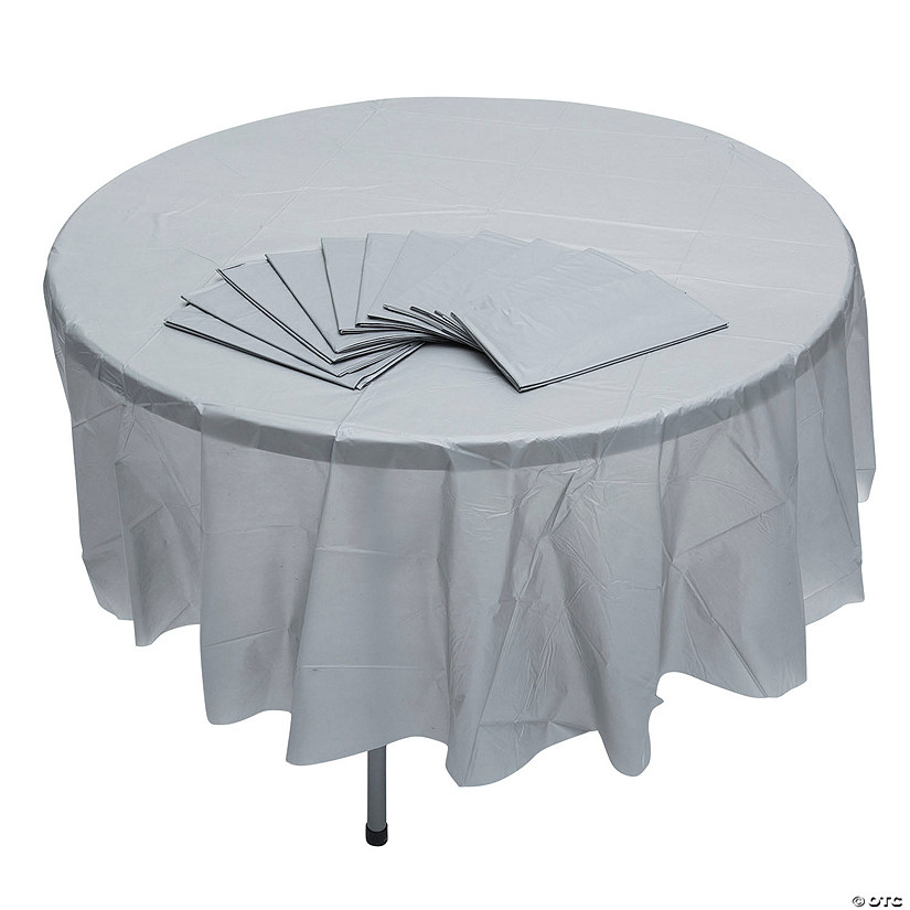 6 Ft. 10" Bulk 12 Pc. Silver Round Disposable Plastic Tablecloths Image
