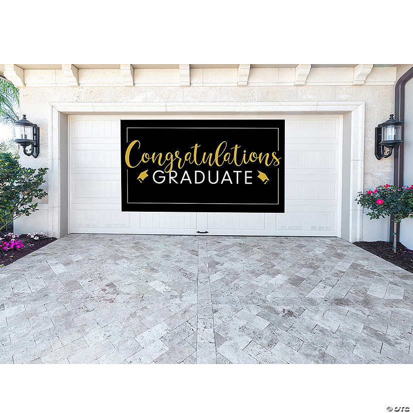 6 Ft. x 42" Congratulations Graduate Black & Gold Plastic Banner - Giant Image