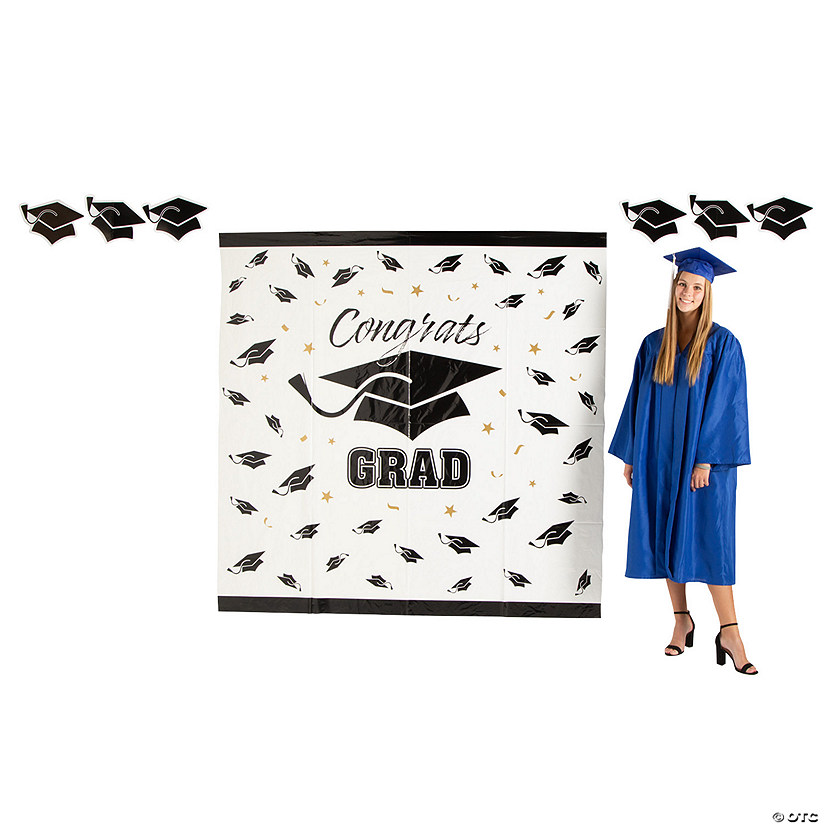 6 Ft. x 6 Ft. Congrats Grad Backdrop with Graduation Cap Cutouts - 3 Pc. Image