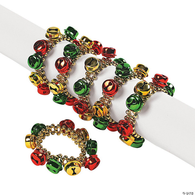 6" Green, Red & Gold Jingle Bell Beaded Elastic Bracelets - 12 Pc. Image