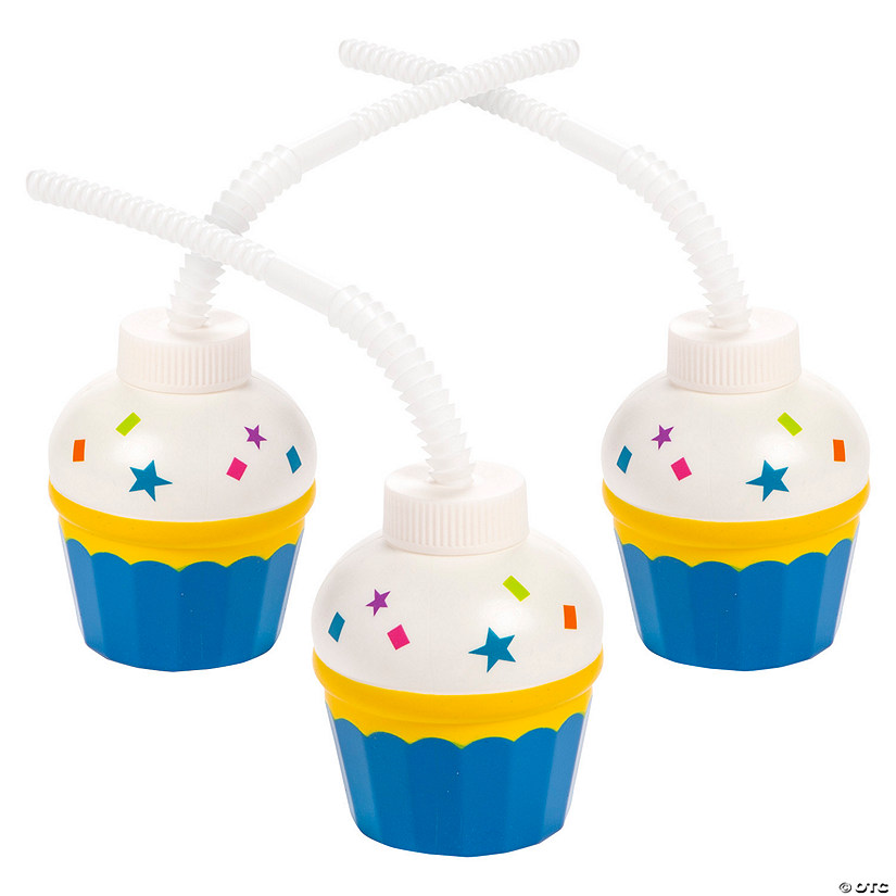 6 oz. Cupcake Reusable BPA-Free Plastic Cups with Lids & Straws - 8 Ct. Image