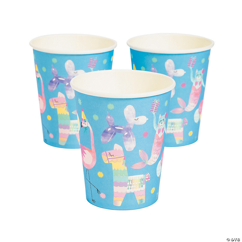 6 oz. Hooray It's Your Birthday Flamingo, Llama, Mermaid Cat & Balloon Animal Pastel Disposable Paper Cups - 10 Ct. Image