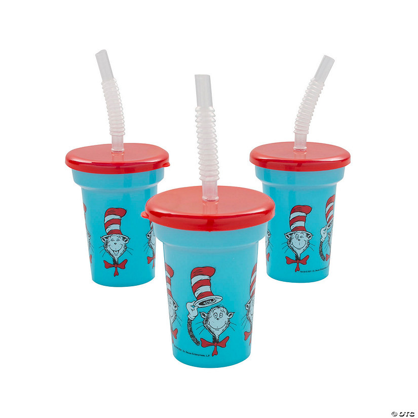 6 oz. Mini Dr. Seuss&#8482; The Cat in the Hat&#8482; Reusable BPA-Free Plastic Cups with Lids & Straws - 12 Ct. Image