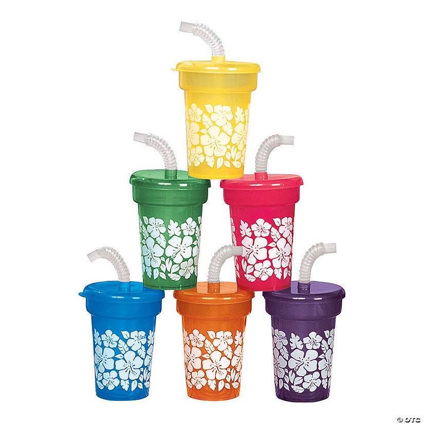 6 oz. Mini Hibiscus Reusable BPA-Free Plastic Cups with Lids & Straws - 12 Ct. Image