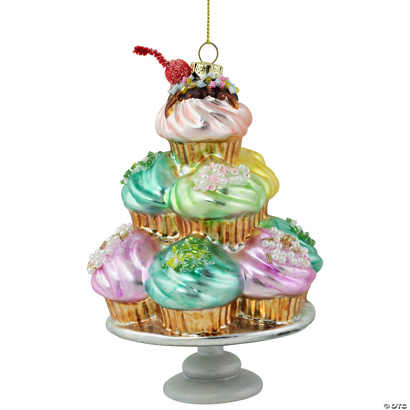 6" Pink and Blue Cupcake Tower Glass Christmas Ornament Image