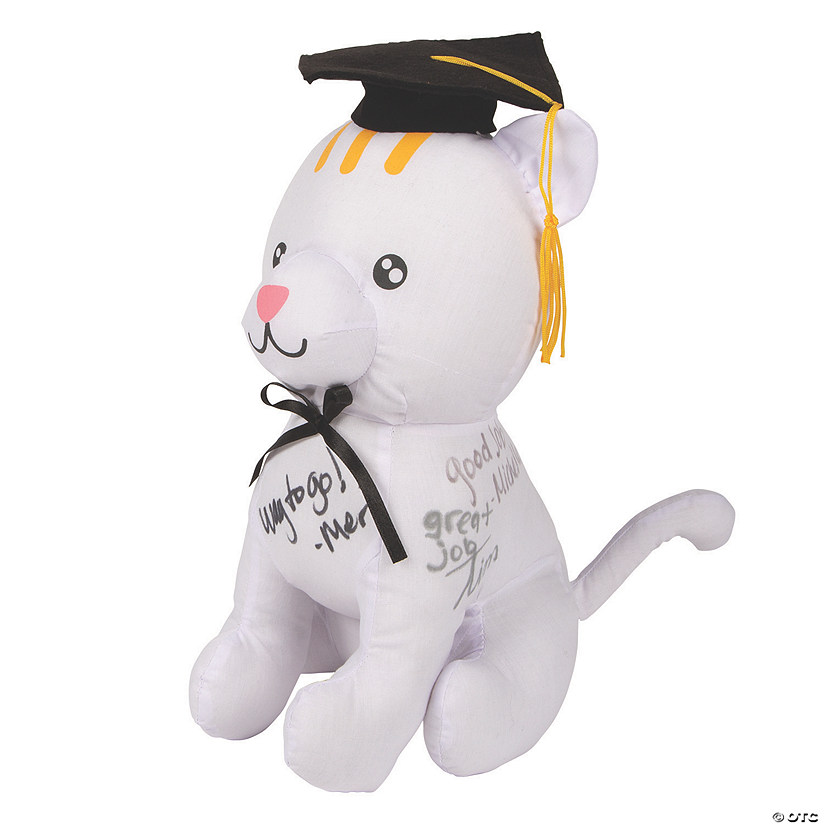 6" x 11" Graduation Autograph White Stuffed Cat with Cap Image