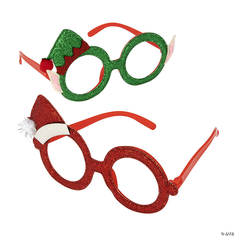 6" x 3 1/2" Santa & Elf Christmas Plastic Glitter Glasses - 12 Pc. Image