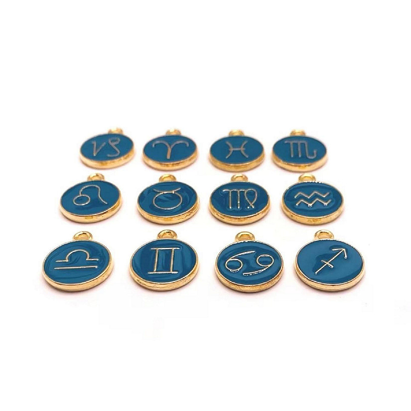 60 Pcs Aqua Blue Round Zodiac Charms Image