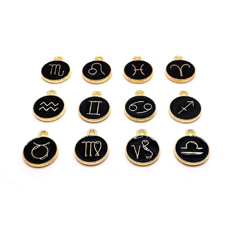 60 Pcs Black Round Zodiac Charms Image