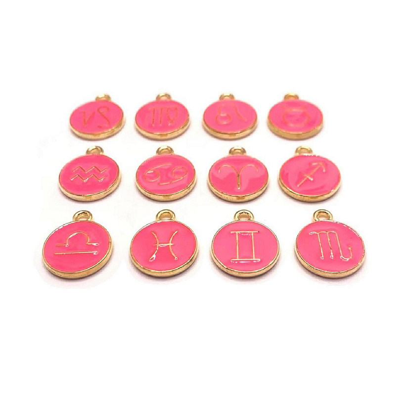 60 Pcs Bright Pink Round Zodiac Charms Image