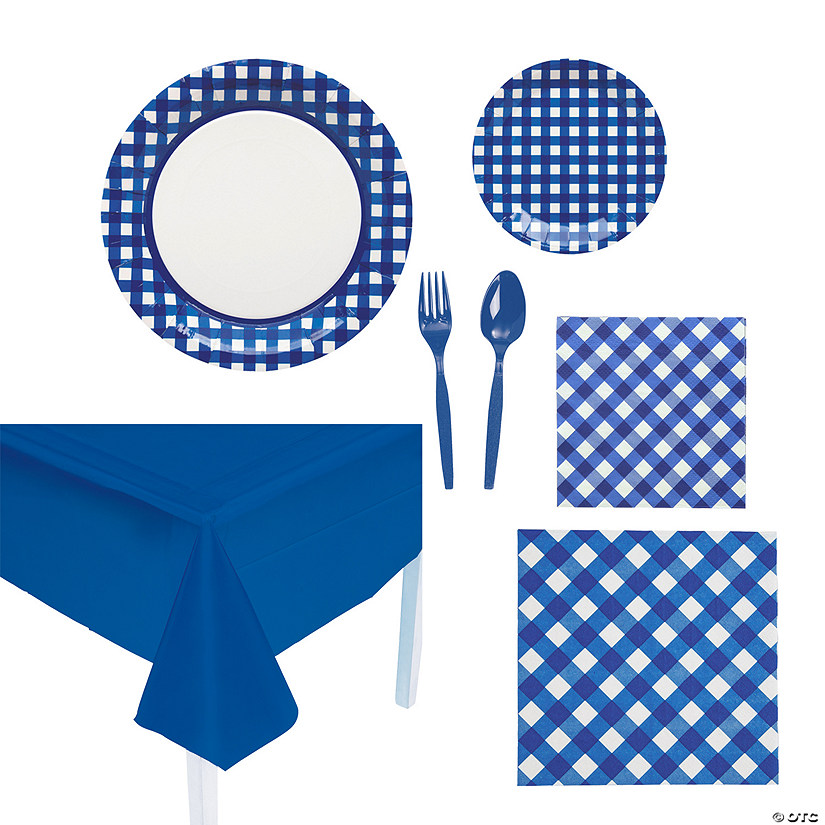 65 Pc. Blue Gingham Disposable Tableware Kit for 8 Guests Image