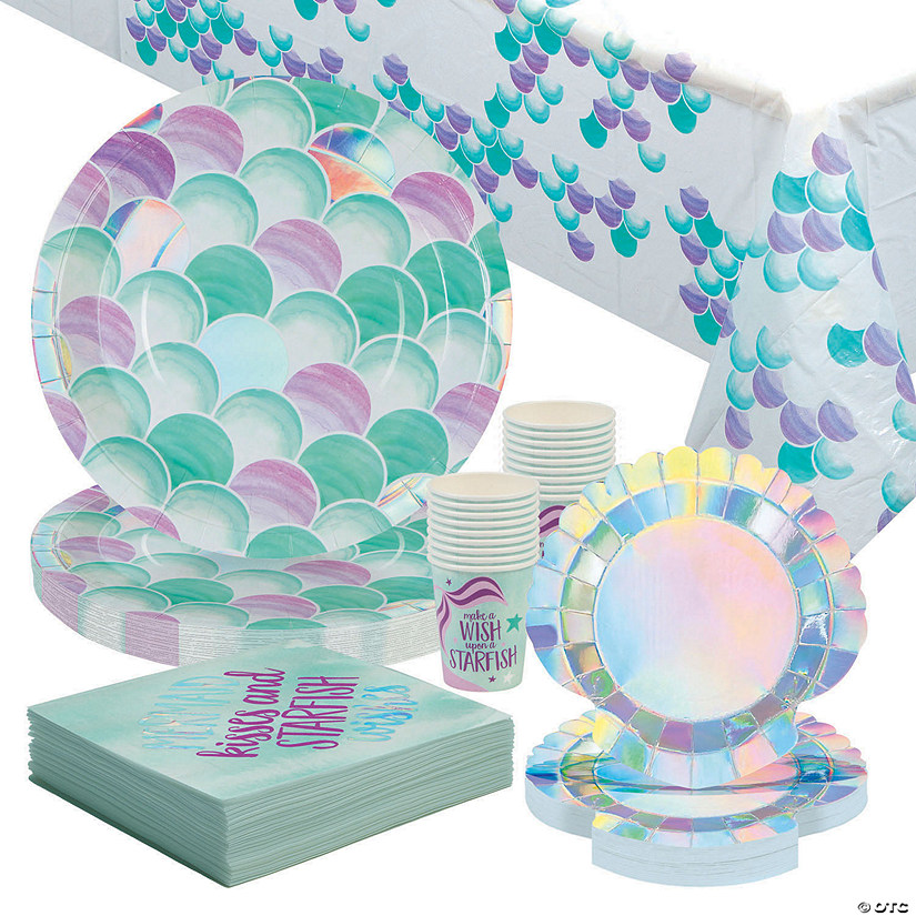 66 Pc. Mermaid Sparkle Party Disposable Tableware Kit For 16 Guests ...
