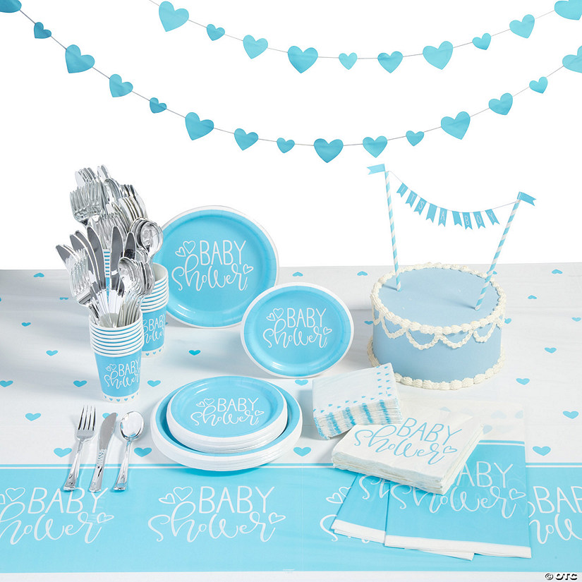 67 Pc. Blue Heart Baby Shower Tableware Kit for 8 Guests Image