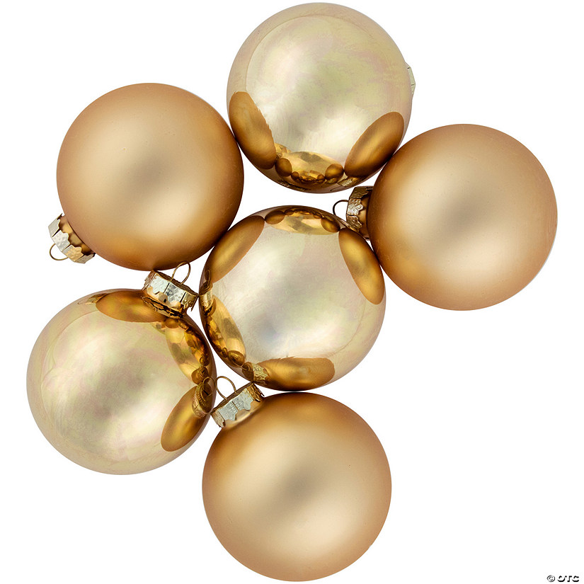 6ct Champagne Gold 2-Finish Glass Ball Christmas Ornament Set 3.25" Image