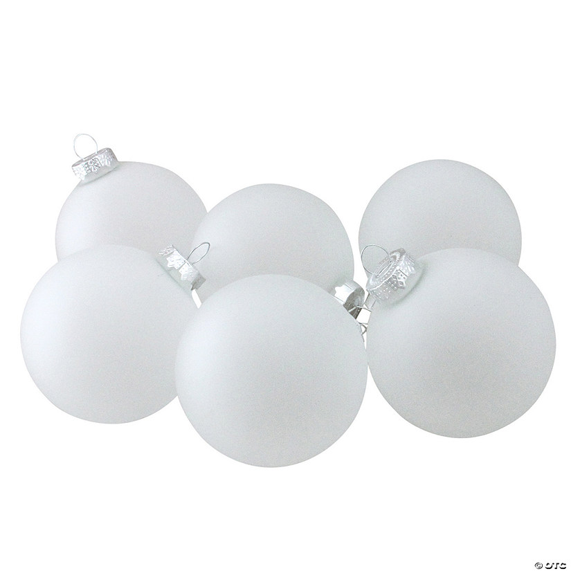 6ct White and Silver Matte Frosted Glass Christmas Ball Ornaments 3.25" (80mm) Image